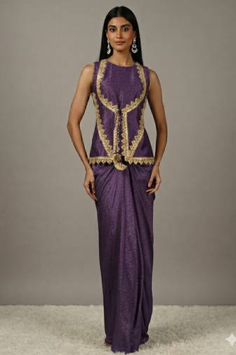 Dark Parrot green Draped Skirt Set with lace work