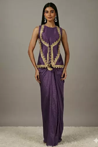 Dark Parrot green Draped Skirt Set with lace work