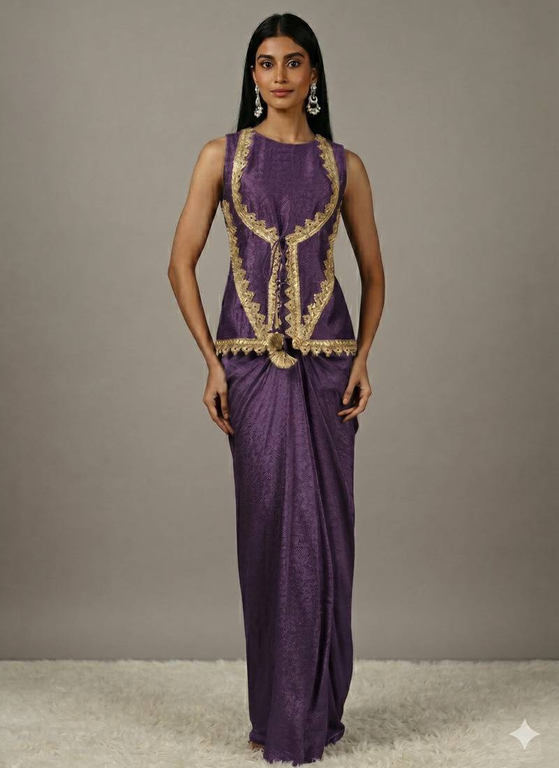 Dark Parrot green Draped Skirt Set with lace work
