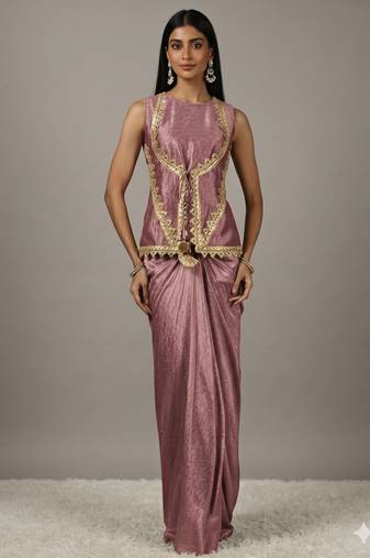  pink Draped Skirt Set with lace work