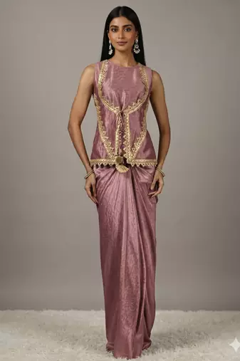  pink Draped Skirt Set with lace work