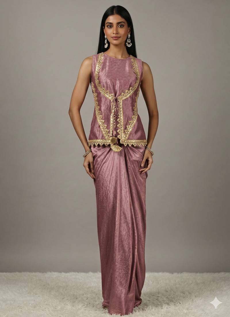 pink Draped Skirt Set with lace work