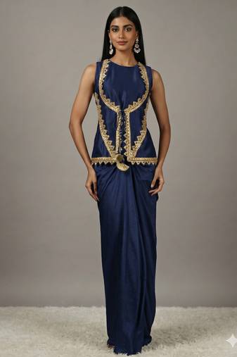 Dark Navy Blue Draped Skirt Set with lace work