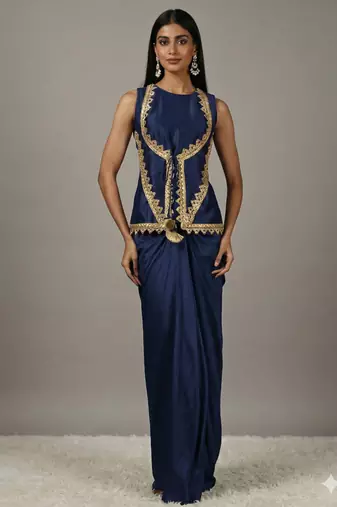 Dark Navy Blue Draped Skirt Set with lace work