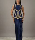 Dark Navy Blue Draped Skirt Set with lace work