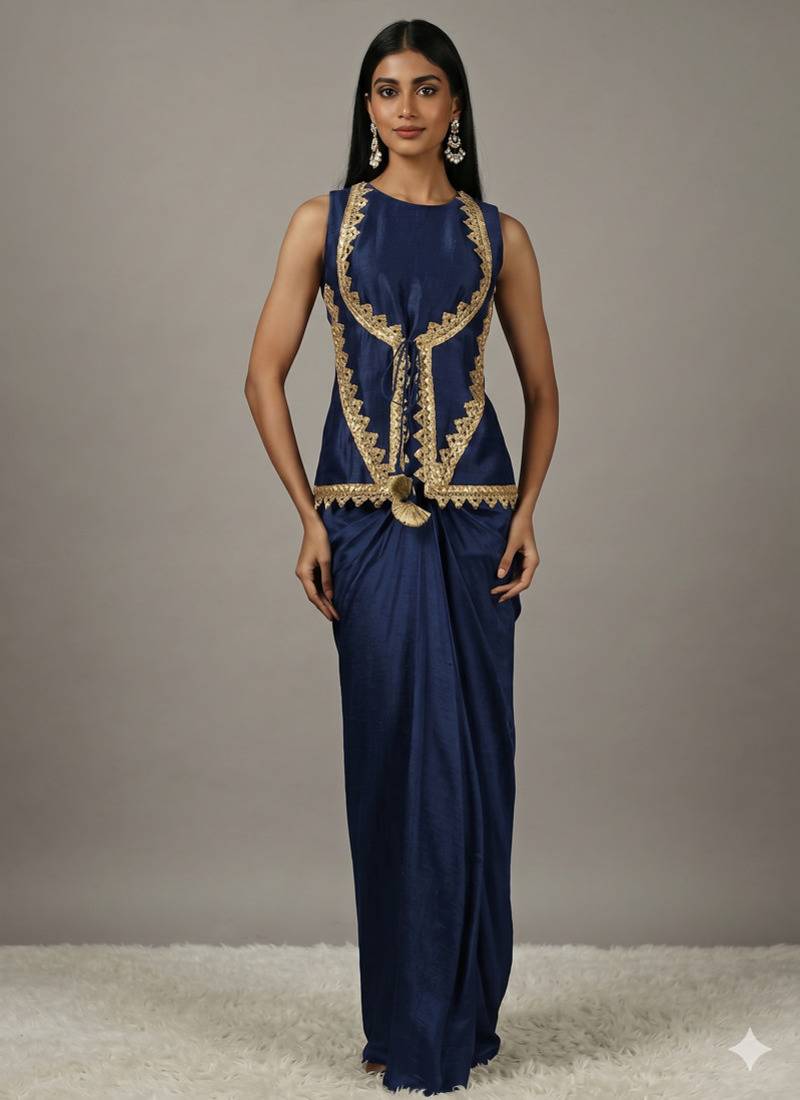 Dark Navy Blue Draped Skirt Set with lace work