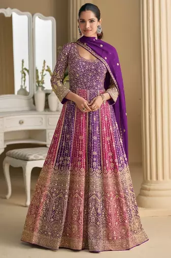 Purple embroidered georgette free size stitched anarkali suit