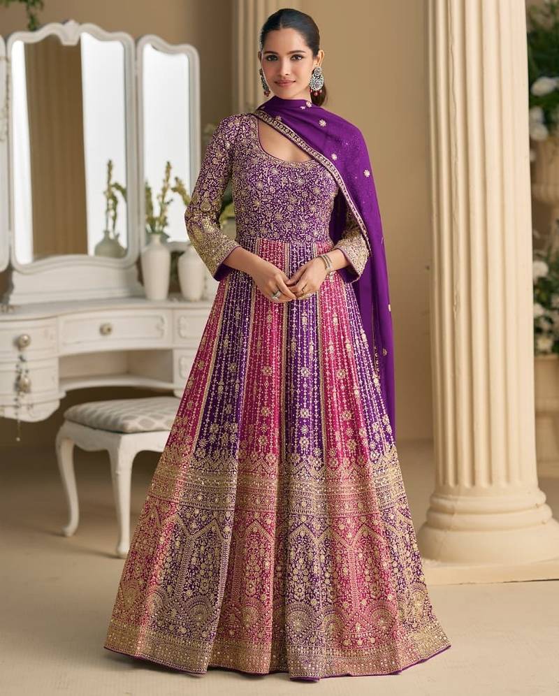 Purple embroidered georgette free size stitched anarkali suit