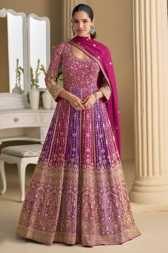 Pink embroidered georgette free size stitched anarkali suit