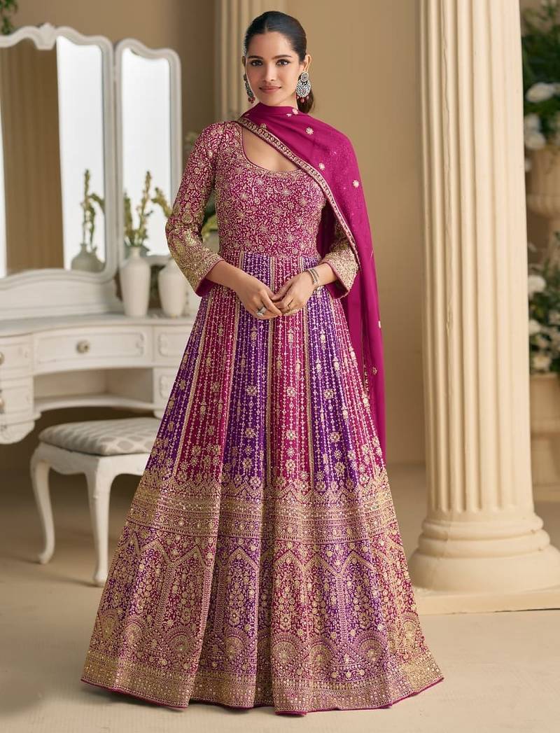 Pink embroidered georgette free size stitched anarkali suit