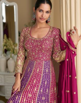 Pink embroidered georgette free size stitched anarkali suit 2