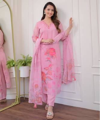 baby pink premium organza embroidered suit set with printed dupatta 1