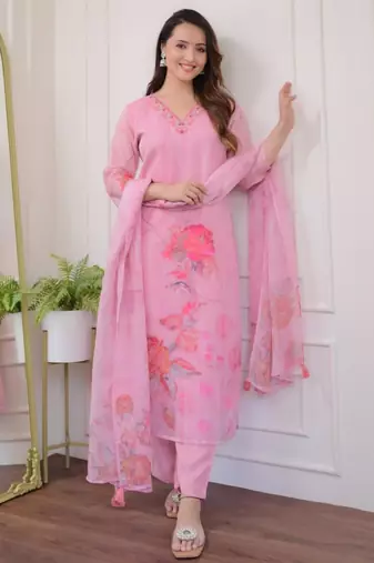 Designer baby pink premium organza embroidered suit set with printed dupatta for women