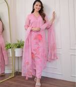 Designer baby pink premium organza embroidered suit set with printed dupatta for women