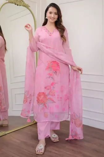 baby pink premium organza embroidered suit set with printed dupatta