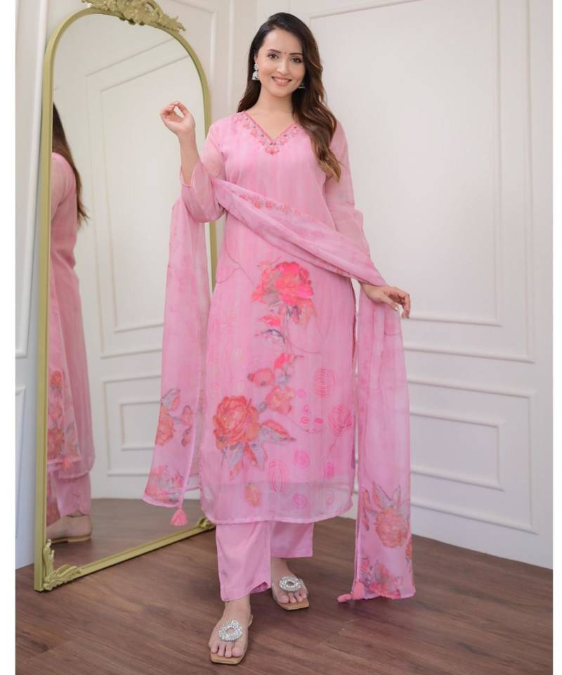 Designer baby pink premium organza embroidered suit set with printed dupatta for women