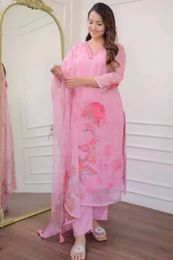 baby pink premium organza embroidered suit set with printed dupatta