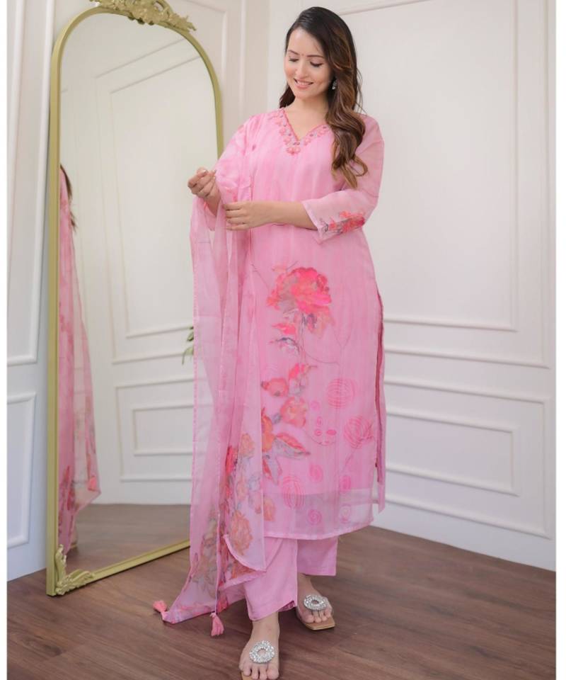 Designer baby pink premium organza embroidered suit set with printed dupatta for women