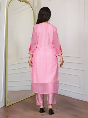 baby pink premium organza embroidered suit set with printed dupatta 4