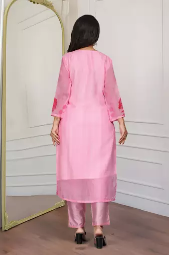 baby pink premium organza embroidered suit set with printed dupatta