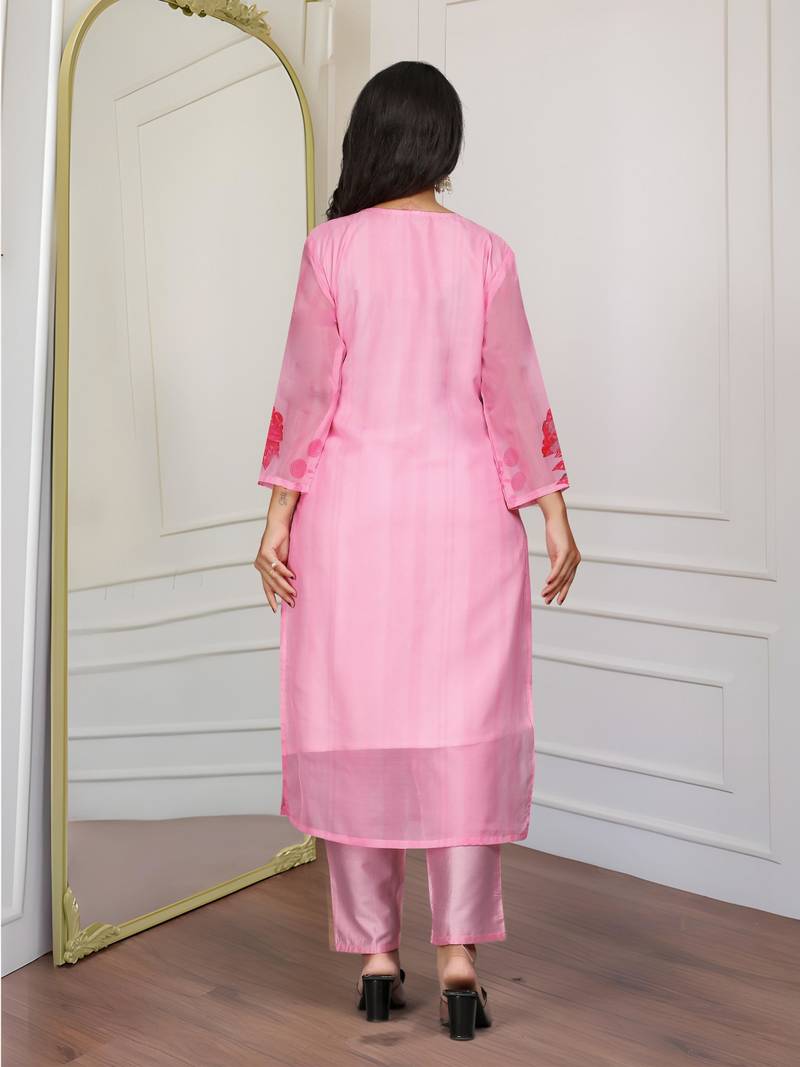 Designer baby pink premium organza embroidered suit set with printed dupatta for women