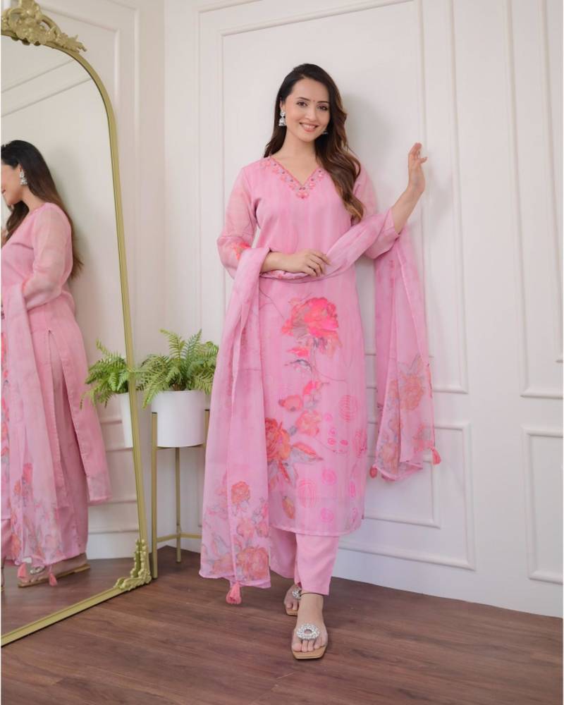 Designer baby pink premium organza embroidered suit set with printed dupatta for women
