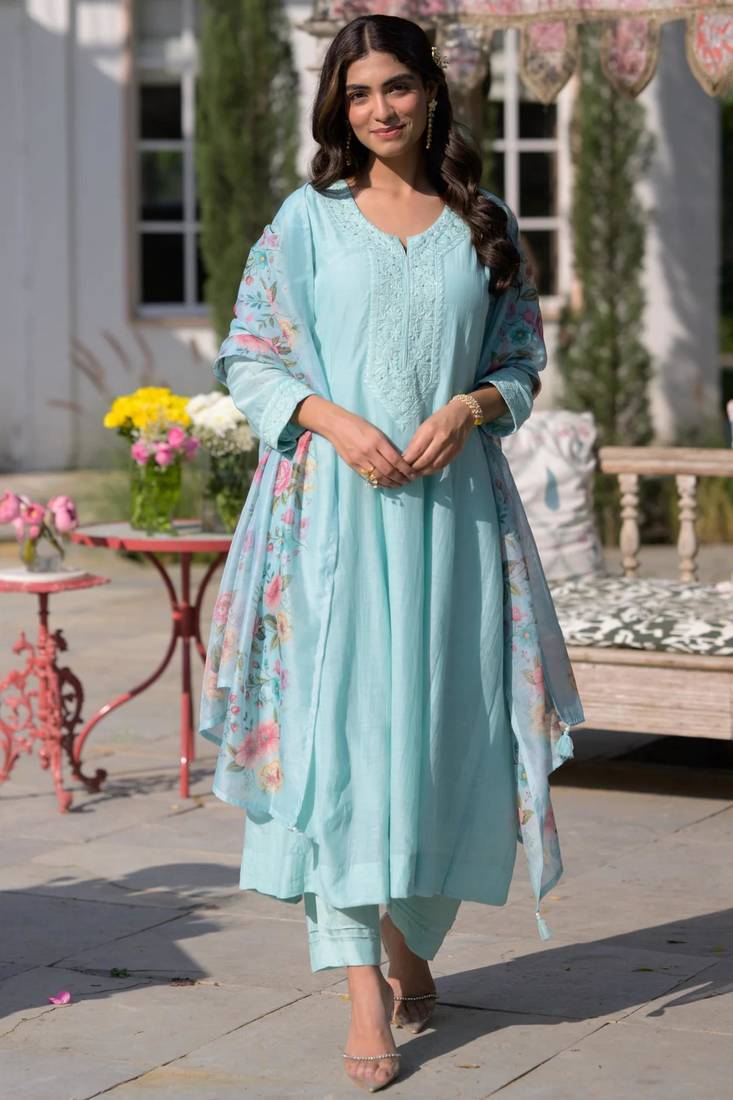 Designer sky blue pv chanderi embroidered ethnic suit set with floral printed taby dupatta