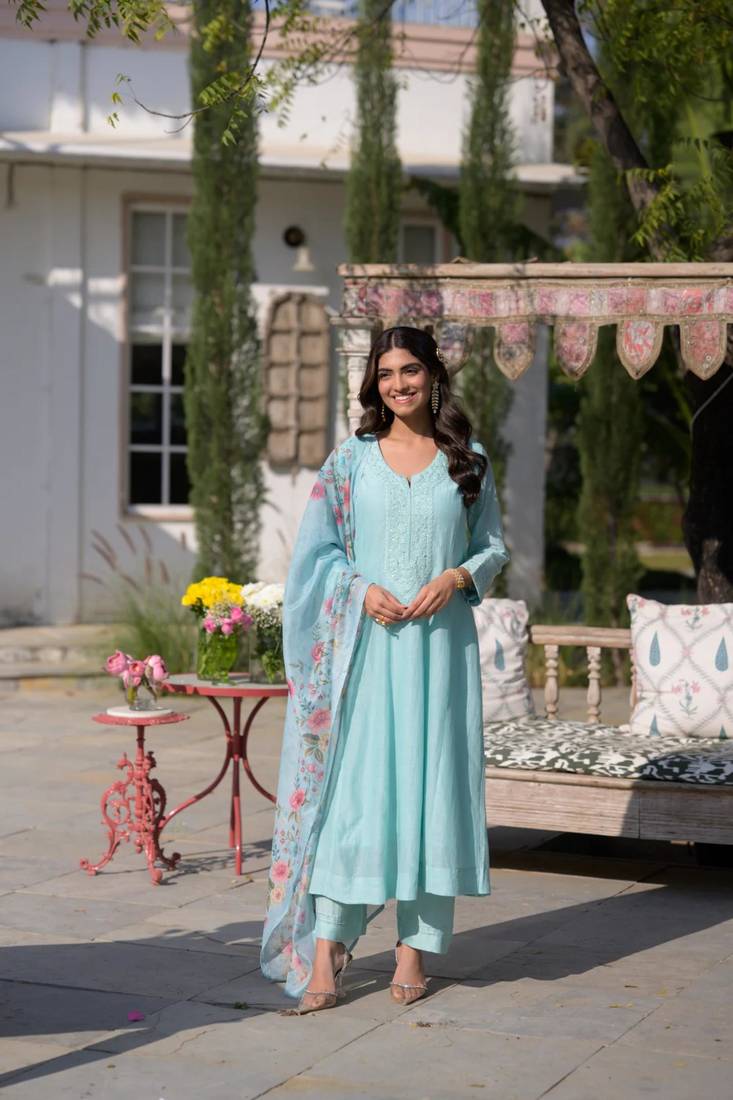 Designer sky blue pv chanderi embroidered ethnic suit set with floral printed taby dupatta