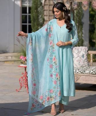 sky blue chanderi embroidered ethnic suit set with floral printed dupatta 4