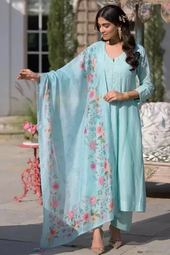 sky blue chanderi embroidered ethnic suit set with floral printed dupatta