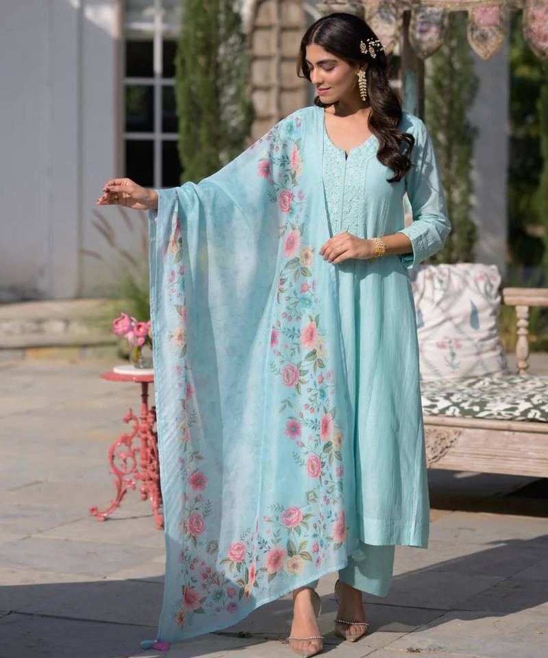 Designer sky blue pv chanderi embroidered ethnic suit set with floral printed taby dupatta