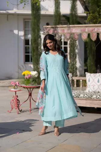 sky blue chanderi embroidered ethnic suit set with floral printed dupatta