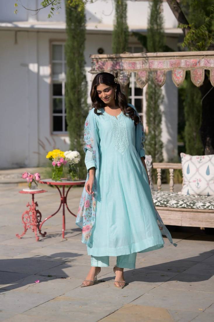 Designer sky blue pv chanderi embroidered ethnic suit set with floral printed taby dupatta