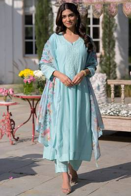 sky blue chanderi embroidered ethnic suit set with floral printed dupatta 1