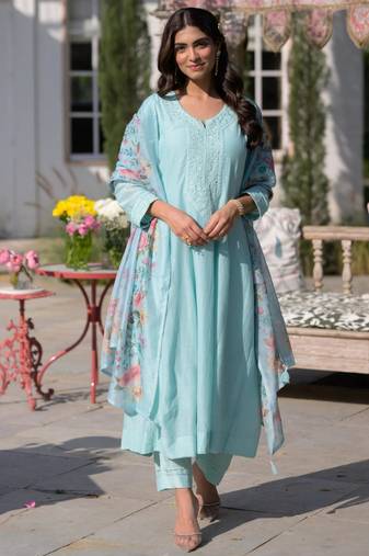 sky blue chanderi embroidered ethnic suit set with floral printed dupatta
