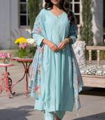 Designer sky blue pv chanderi embroidered ethnic suit set with floral printed taby dupatta