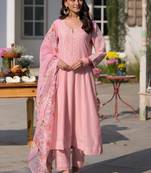 Designer baby pink pv chanderi embroidered ethnic suit set with floral printed taby dupatta