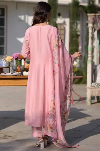 baby pink chanderi embroidered ethnic suit set with floral printed dupatta