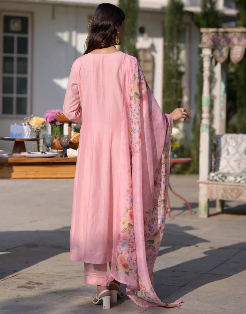 Designer baby pink pv chanderi embroidered ethnic suit set with floral printed taby dupatta
