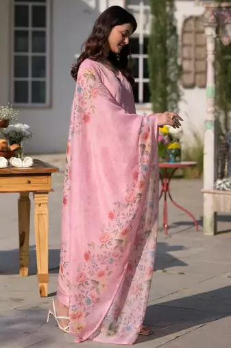 baby pink chanderi embroidered ethnic suit set with floral printed dupatta