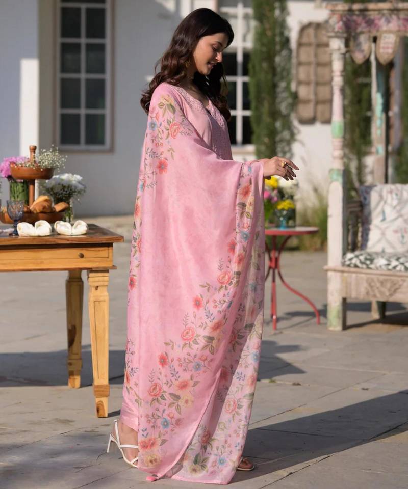 Designer baby pink pv chanderi embroidered ethnic suit set with floral printed taby dupatta