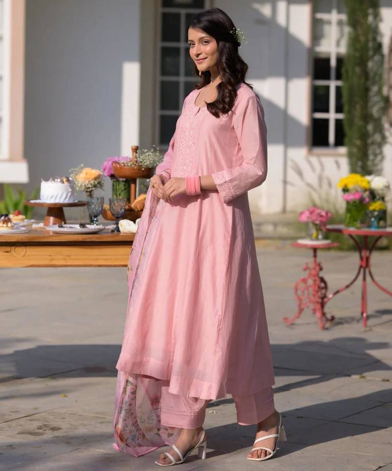 Designer baby pink pv chanderi embroidered ethnic suit set with floral printed taby dupatta