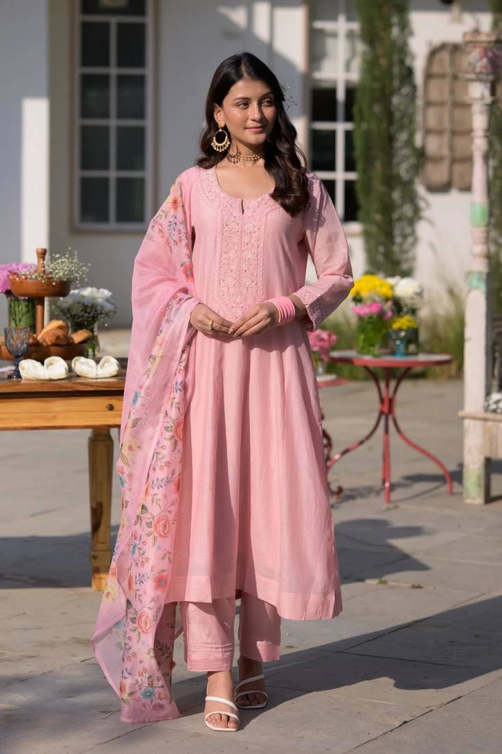 Designer baby pink pv chanderi embroidered ethnic suit set with floral printed taby dupatta