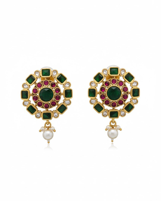 Kundan Stud Earrings with Pearl Drop | Red & Green Stones | 18k Gold Plated Festive Studs 1