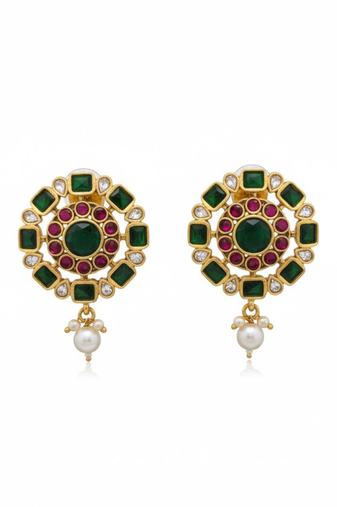Kundan Stud Earrings with Pearl Drop | Red & Green Stones | 18k Gold Plated Festive Studs