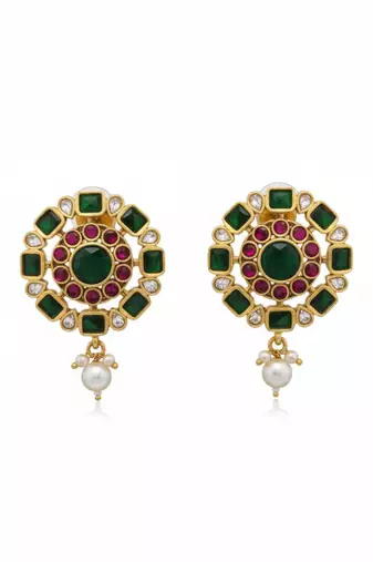 Kundan Stud Earrings with Pearl Drop | Red & Green Stones | 18k Gold Plated Festive Studs