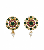 Kundan Stud Earrings with Pearl Drop | Red & Green Stones | 18k Gold Plated Festive Studs