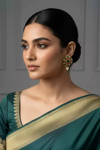 Kundan Stud Earrings with Pearl Drop | Red & Green Stones | 18k Gold Plated Festive Studs