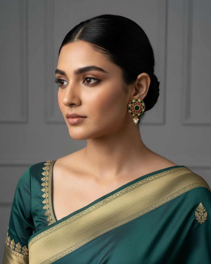 Kundan Stud Earrings with Pearl Drop | Red & Green Stones | 18k Gold Plated Festive Studs