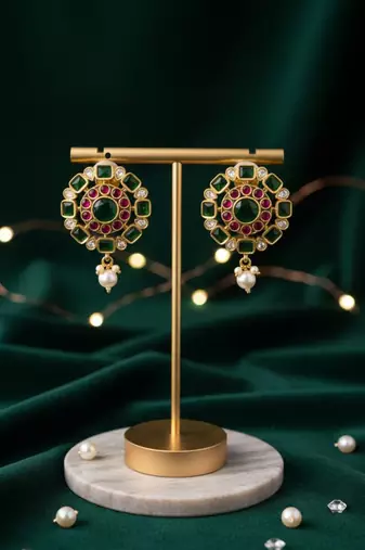 Kundan Stud Earrings with Pearl Drop | Red & Green Stones | 18k Gold Plated Festive Studs